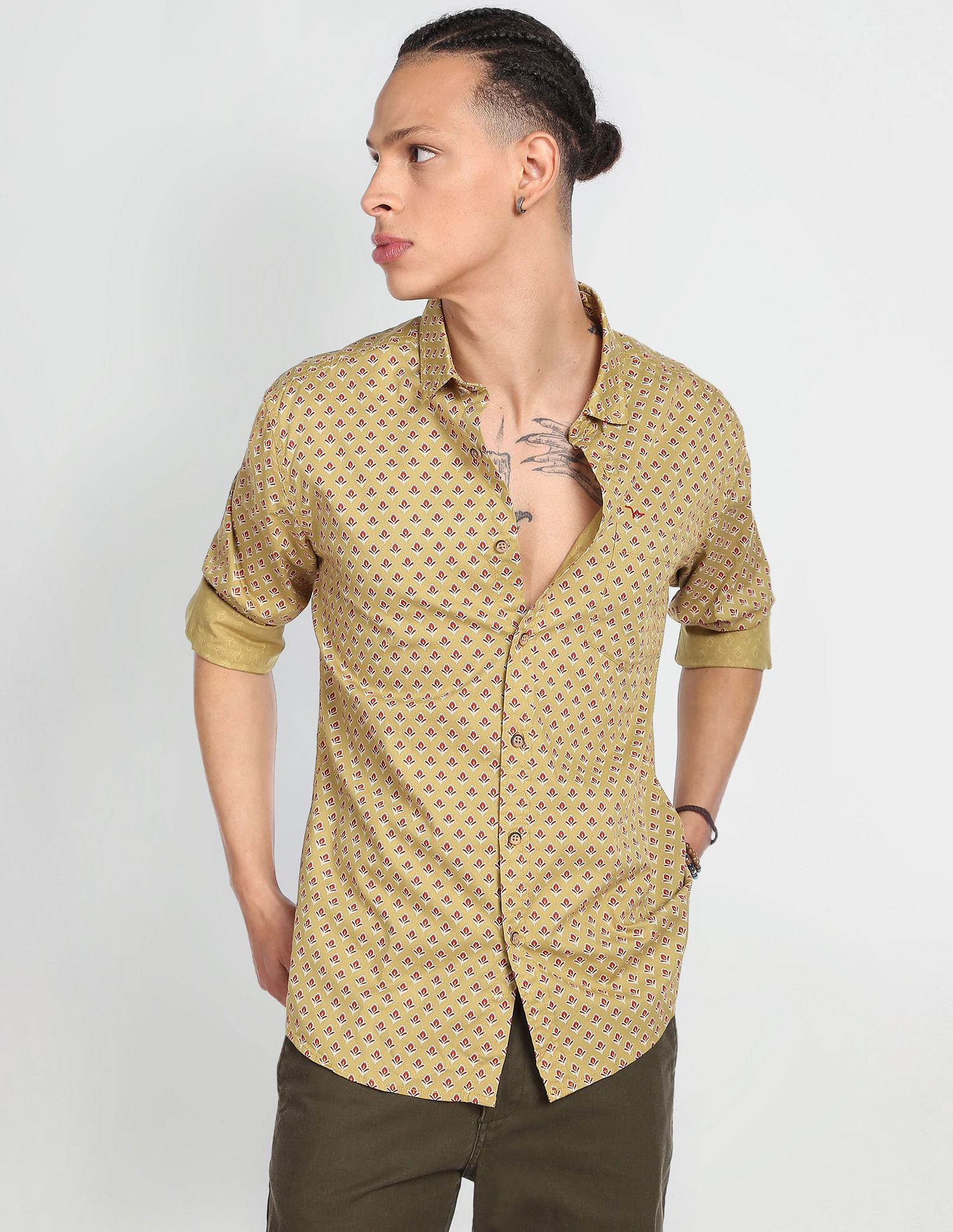 Flying Machine Floral Print Twill Shirt