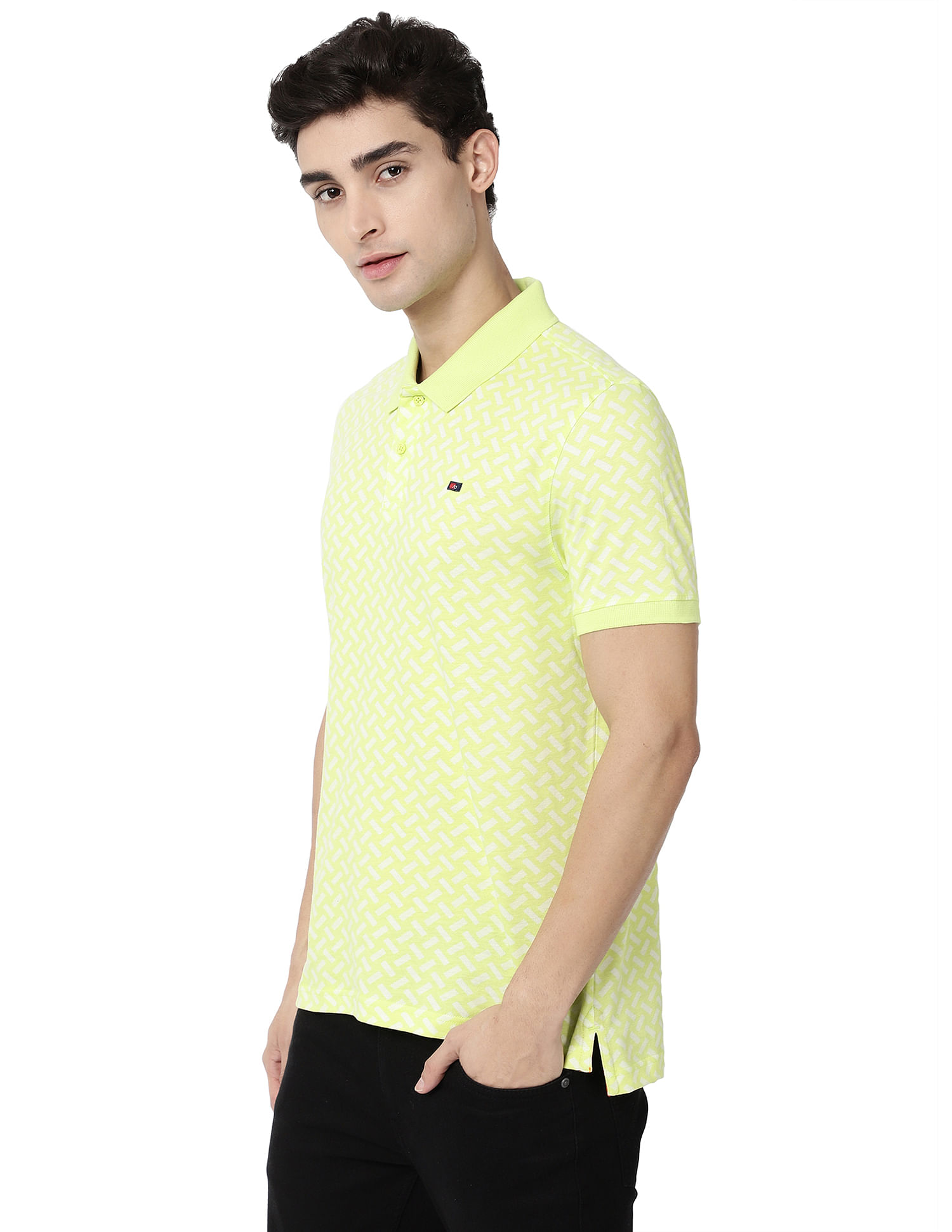AD by Arvind Men Lime Geometric Print Cotton Polo Shirt