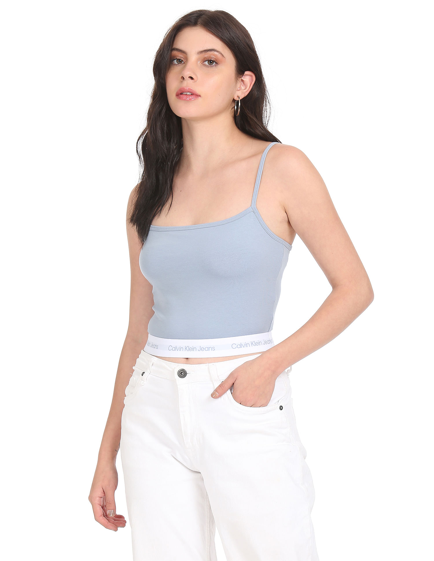 Buy Calvin Klein Jeans Women Light Spaghetti Strap Brand Tape Crop Top
