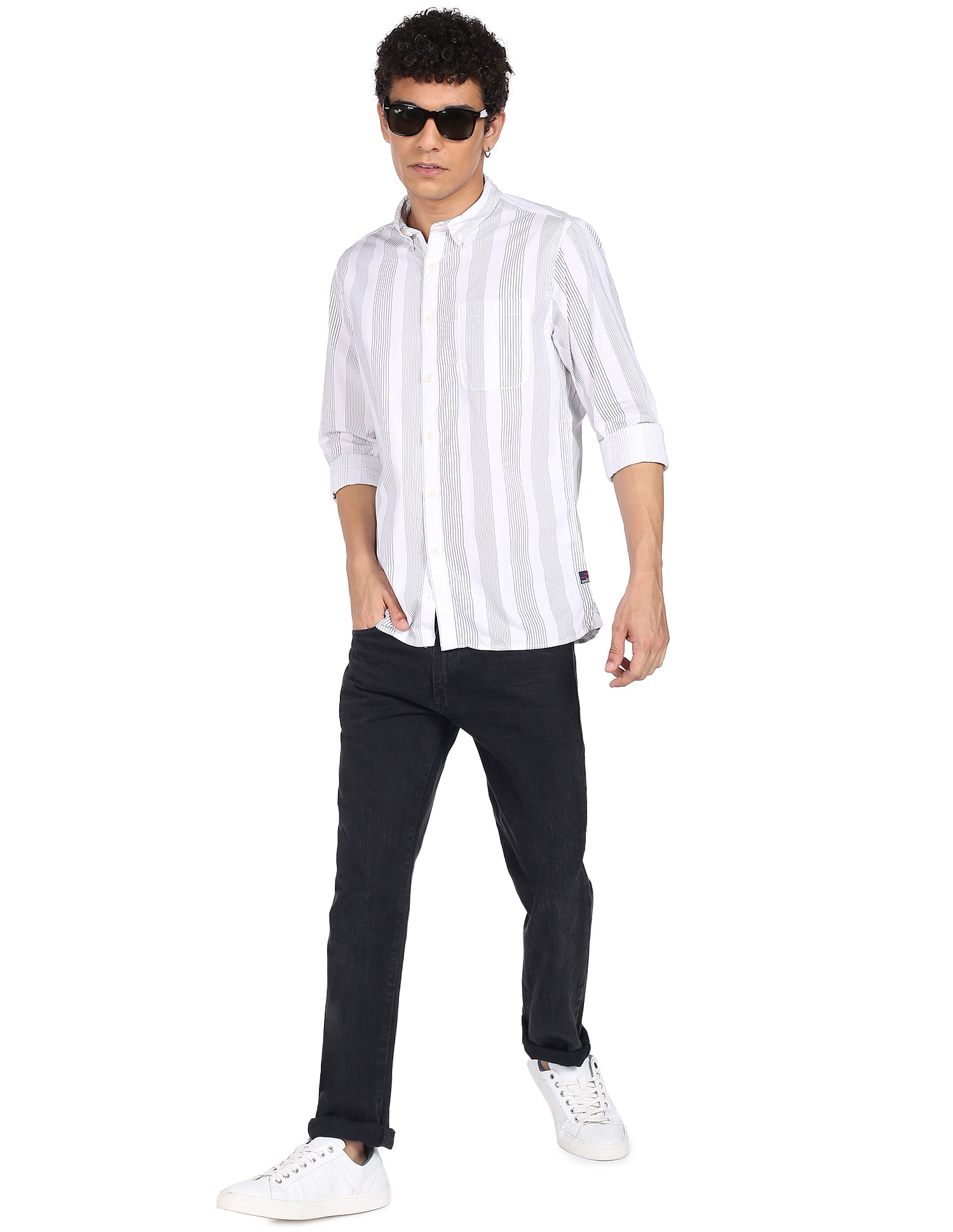 Buy Flying Machine Men Black And White Striped Casual Shirt - NNNOW.com