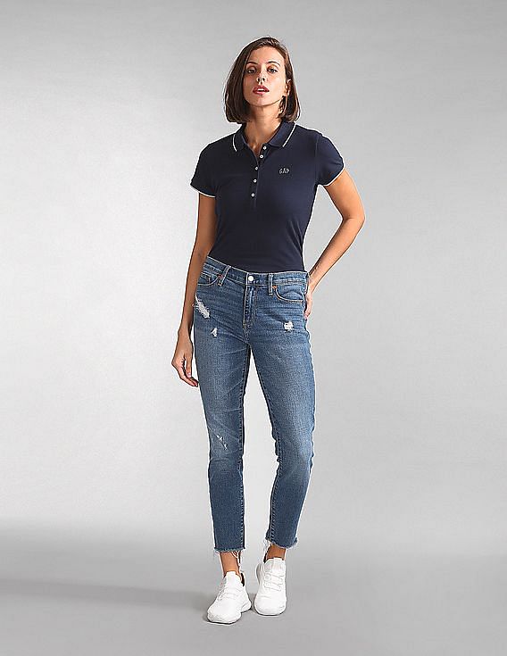 Buy GAP Women Blue Brand Embellished Pique Polo Shirt