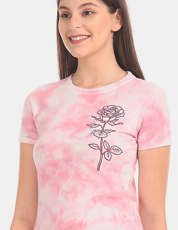 Aeropostale Women Pink Crew Neck Allover Dye Cotton Jersey T-Shirt