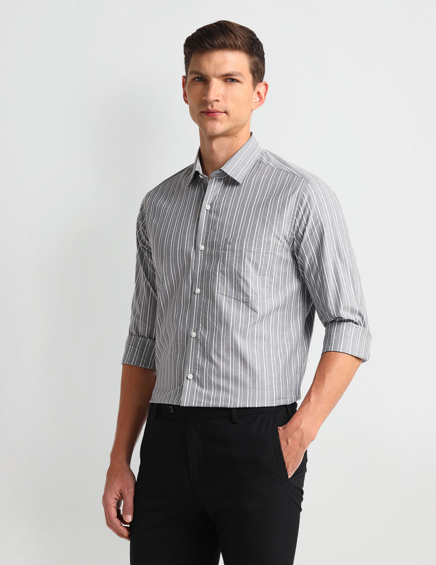 Arrow Manhattan Slim Vertical Striped Cotton Shirt