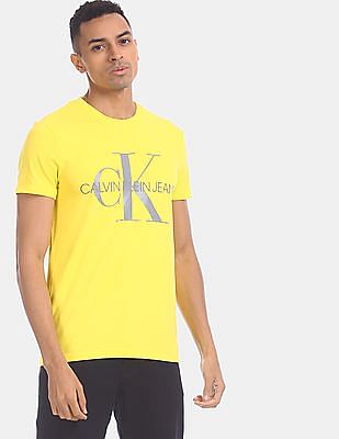 Buy Calvin Klein Men Yellow Reflective Logo Crew Neck Cotton