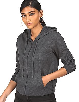 Women Grey Drawstring Hooded Long Sleeves Solid Sweatshirt