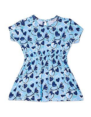 U S Polo Assn Kids Girls Blue Printed Fit And Flare Dress