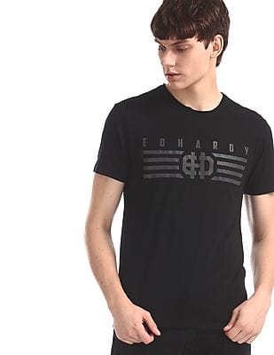 Men Black Brand Print Crew Neck T-Shirt 