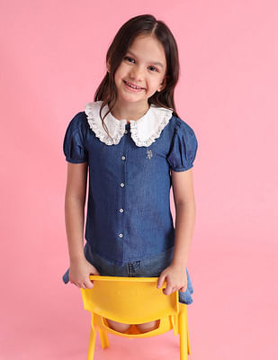 U S Polo Assn Kids Girls Denim Perter Pan Collar Top