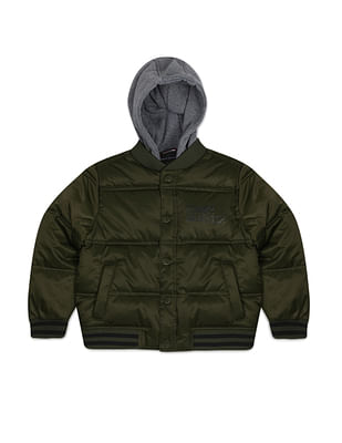 Tommy Hilfiger Kids Boys Olive Torch Solid Quilted Bomber Hooded Jacket