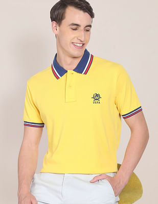 U S Polo Assn Men Yellow Ribbed Collar Brand Logo Polo Shirt