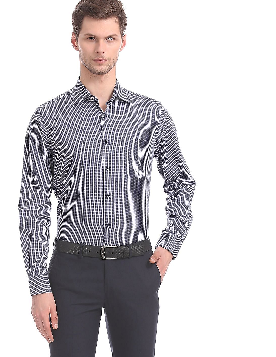 Buy AD by Arvind Blue Semi Cutaway Collar Check Shirt - NNNOW.com