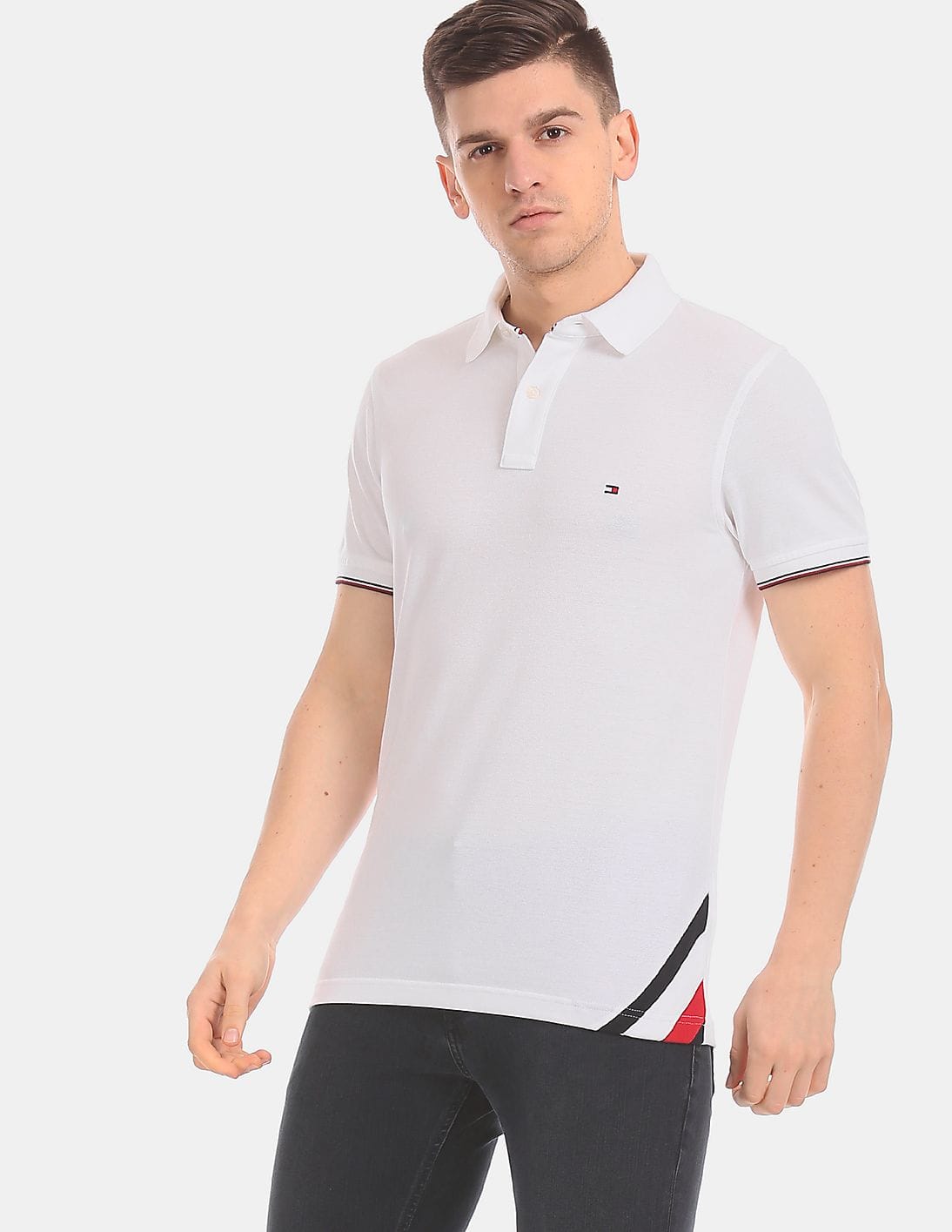 Buy Tommy Hilfiger Men White Diagonal Hem Stripe Slim Polo Shirt 