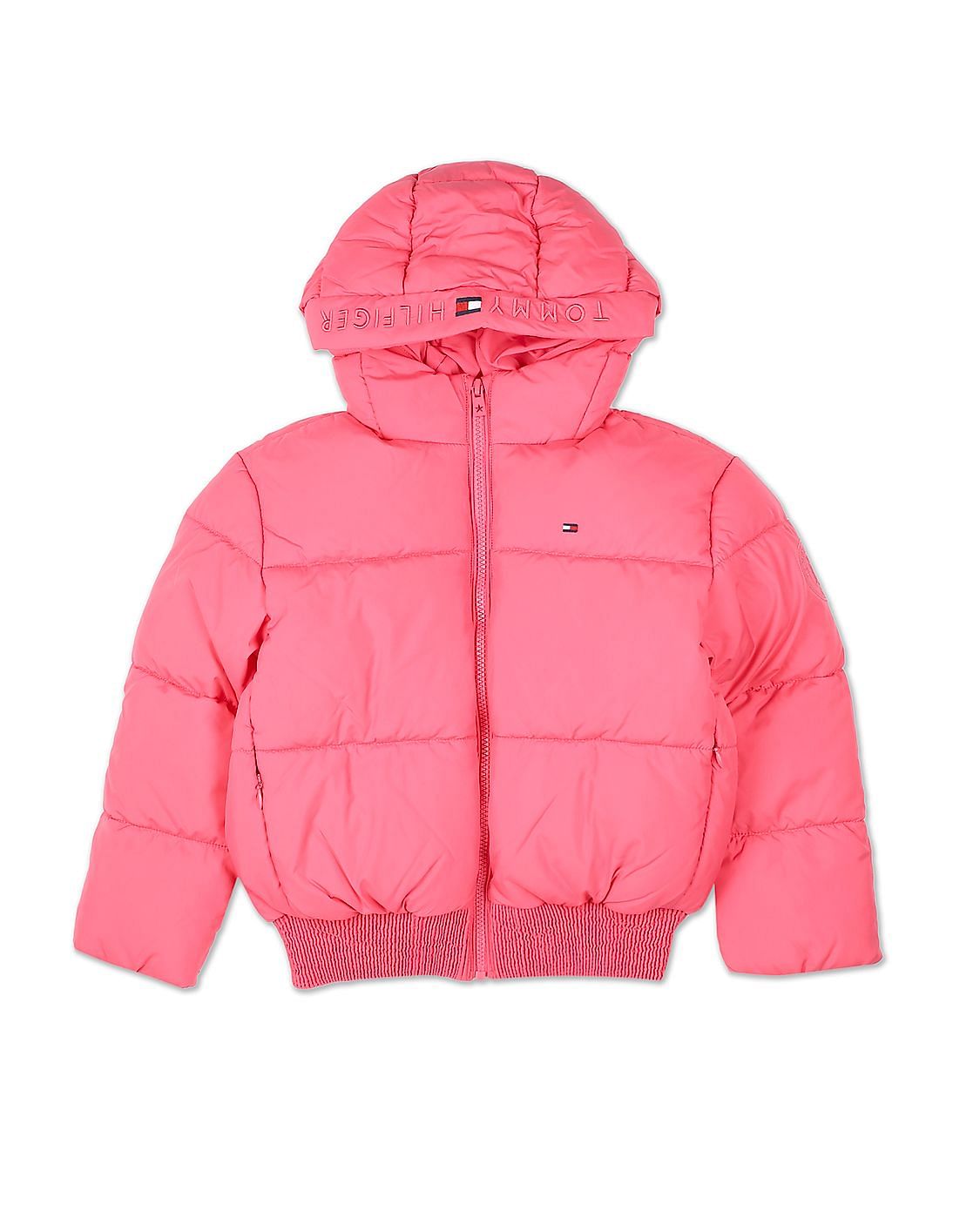 Buy Tommy Hilfiger Kids Girls Pink Logo Hooded Polyester Puffer Jacket ...