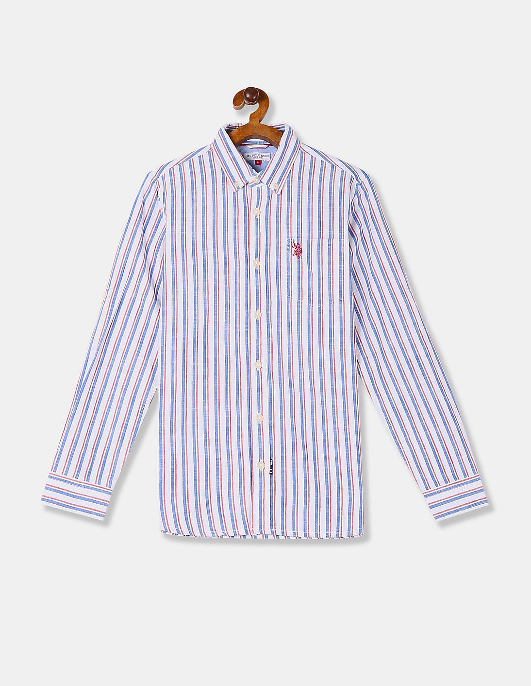 blue vertical stripe shirt