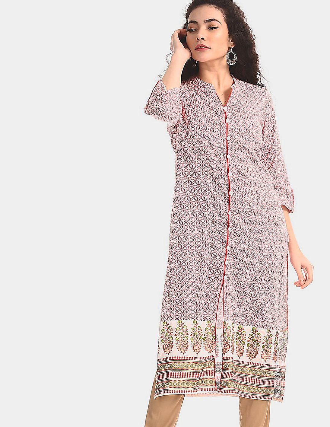 Buy Karigari Red Notch Mandarin Neck Printed Kurta - NNNOW.com