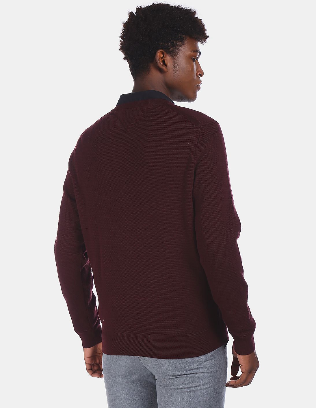 Buy Tommy Hilfiger Men Burgundy V-Neck Structured Cotton