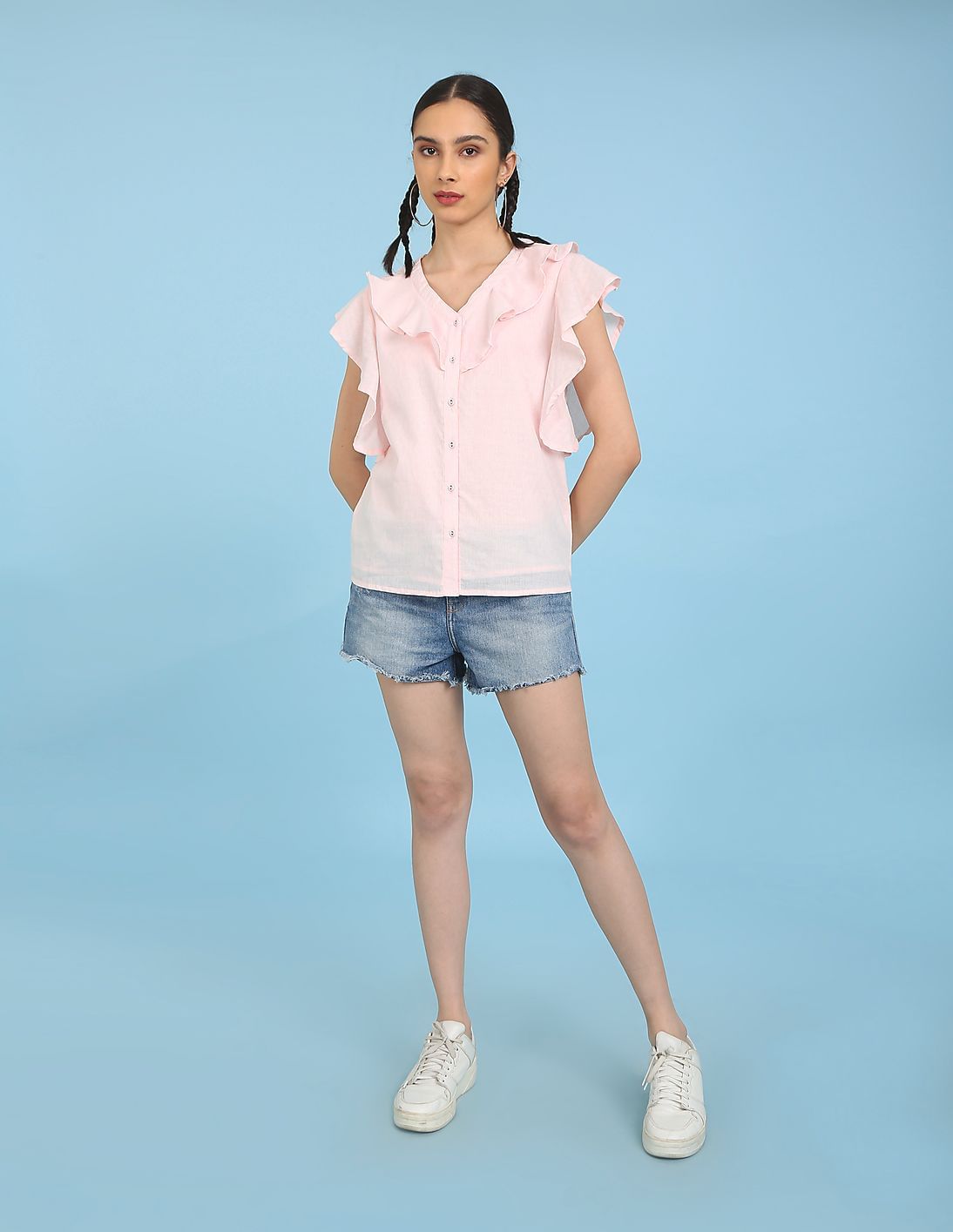 Buy Flying Machine Women Cotton Flutter Sleeve Geometric Pattern