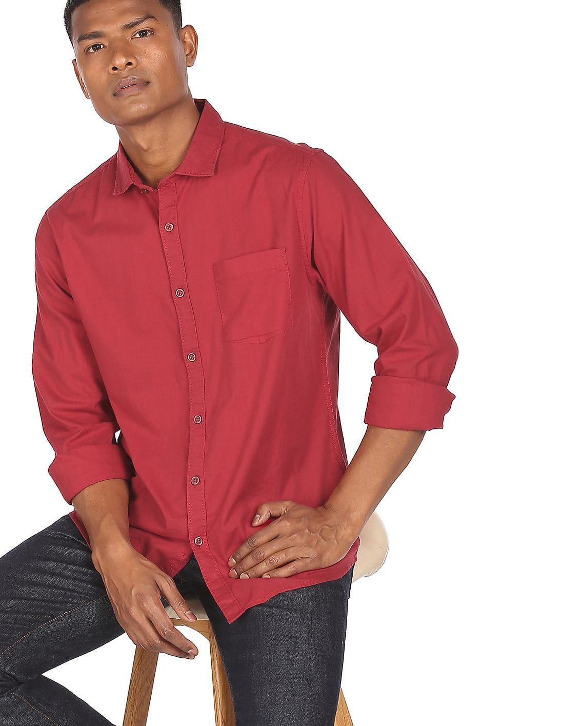 Buy Ruggers Men Red Spread Collar Solid 