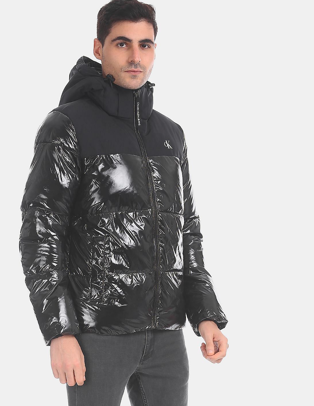 Buy Calvin Klein Men Black High Shine Hooded Puffer Jacket - NNNOW.com