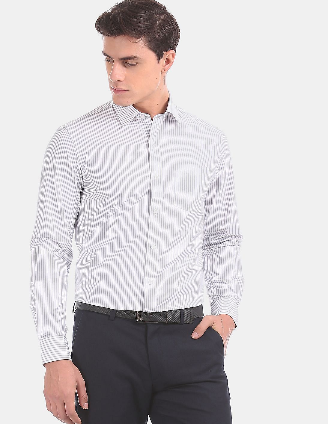 Buy Excalibur White And Grey Slim Fit Stripe Formal Shirt - NNNOW.com