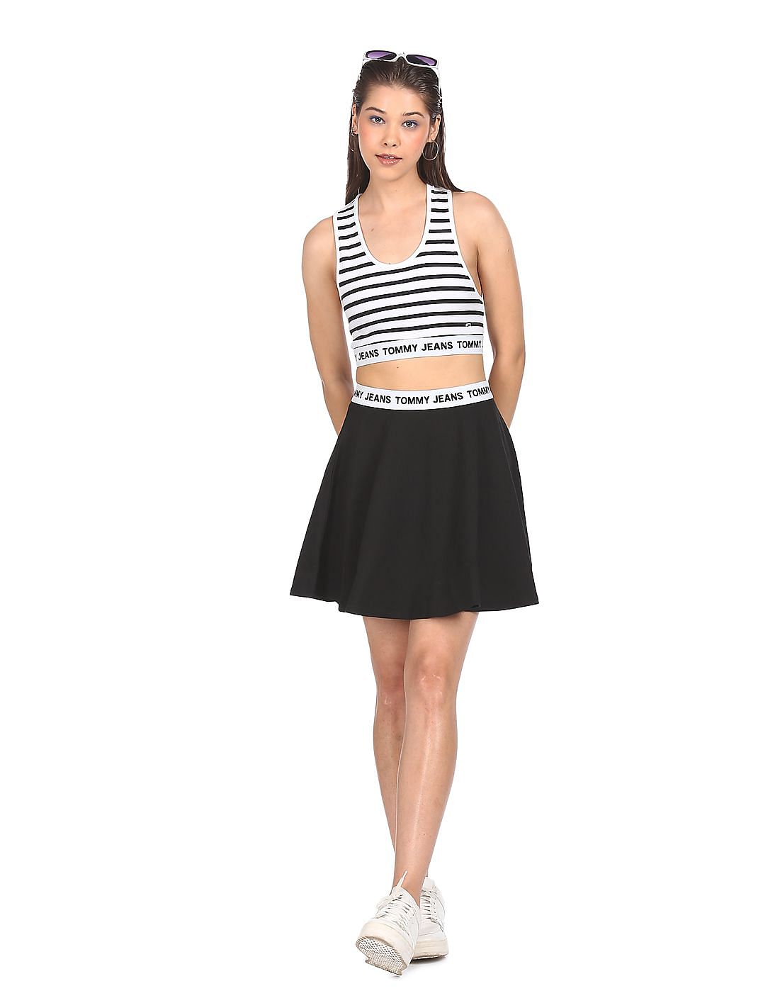 Buy Tommy Hilfiger Women White And Black Logo Waistband Striped Crop Top -  NNNOW.com