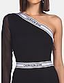 Calvin Klein Women Black One Shoulder Milano Logo Fitted Dress