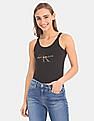 Calvin Klein Underwear Women Black Monogram Logo Print Cotton Bodysuit