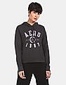 Aeropostale Women Charcoal Grey Drawstring Hood Printed Sweatshirt