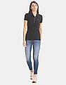 Aeropostale Women Black Short Sleeve Solid Cotton Stretch Polo Shirt