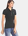 Aeropostale Women Black Short Sleeve Solid Cotton Stretch Polo Shirt