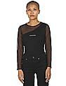 Calvin Klein Women Black Mesh Long Sleeve Brand Print Top